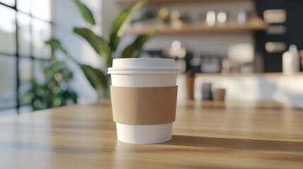 Fototapete - A disposable coffee cup sits on a wooden table, surrounded by a bright, airy cafe filled with plants. Sunlight streams through large windows, casting soft shadows in the morning light.