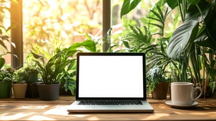 Aufkleber - A clean workspace features a laptop with a blank screen, positioned on a wooden desk.