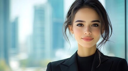 Portrait of a confident and successful Latina businesswoman in a formal black dress standing against the backdrop of blurred modern skyscrapers conveying a sense of ambition