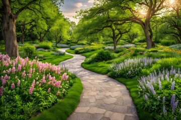 A winding path through a park as spring flowers give way to lush green summer foliage, AI Generated