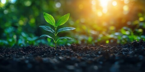 Poster - A Single Green Sprout Emerging from Dark Soil with a Sunlit Background