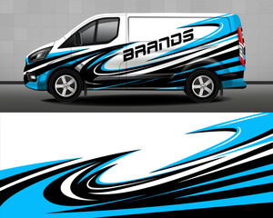 Car design development for a company. Car branding. Car brand sticker in blue and black tones.
