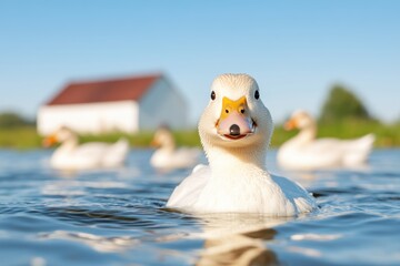 A close-up of a duck swimming in a pond, with a farm building in the background and a clear blue sky overhead.