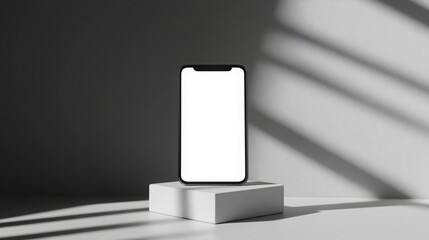 Poster - A sleek smartphone stands upright on a clean pedestal in an elegant minimalist environment. Soft shadows from nearby objects cast artistic patterns across the surface, enhancing the aesthetic appeal.