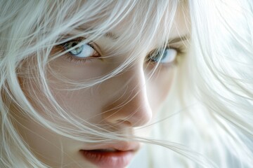 Close up of young woman with platinum blonde hair blowing in wind