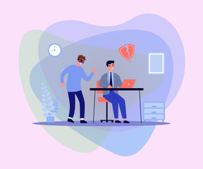 Wall Mural - thief in mask breaking through security vector illustration. frustrated man working on laptop while 