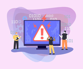 Tiny programmers next to screen with error vector illustration. Cartoon drawing of monitor with warning symbol, confused people. Technology, programming, development, tech support concept