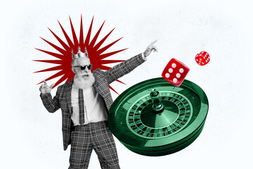 Vertical poster collage retired man pensioner roulette combination dice celebrate success crown king checkered costume businessman