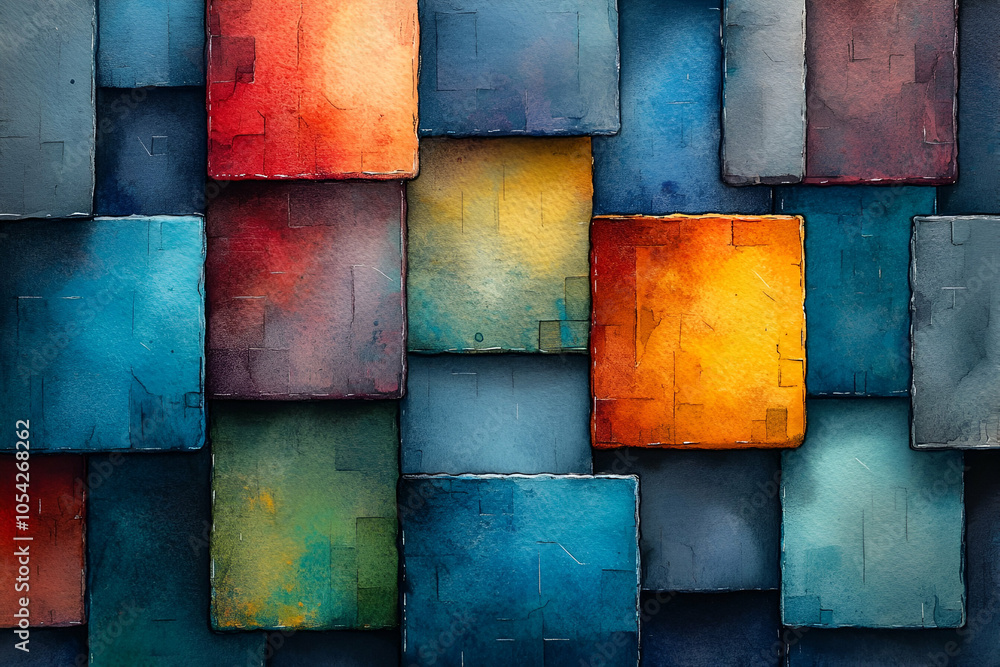 A colorful abstract composition featuring overlapping squares in varying shades of blue, orange, and red, creating a vibrant, textured visual.