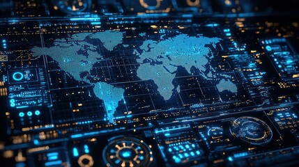 Fototapete - A Digital Map of the World Illuminated on a Futuristic Interface