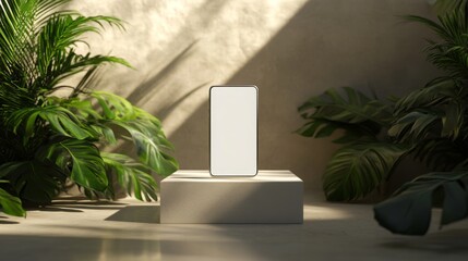Aufkleber - A sleek, modern smartphone is showcased on an elegant pedestal surrounded by vibrant green foliage. Soft, natural light casts gentle shadows, creating a serene and inviting atmosphere.