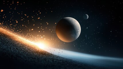 Wall Mural - a depiction of a planet gravitational pull on its moons, illustrating the forces that govern the cel