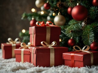 several red gift boxes beneath a christmas tree.