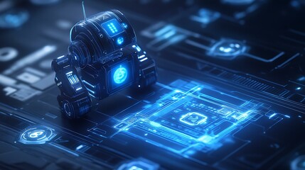 Glowing AI robot blueprint on a digital table with futuristic elements