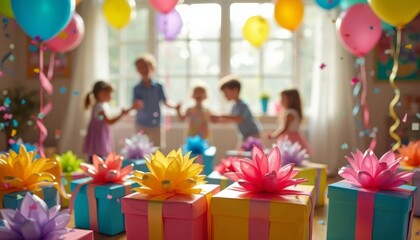 Children's Birthday Party with Colorful Presents and Balloons in Bright Sunlit Room