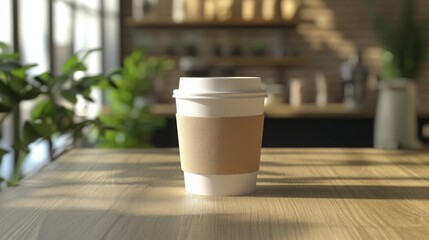 Fototapete - A paper coffee cup sits on a rustic wooden table inside a cozy cafe. Sunlight streams through large windows, creating a serene atmosphere filled with greenery and warm tones.