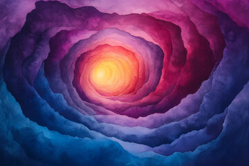 A vibrant, swirling vortex of colors, featuring deep purples and blues surrounding a bright central light, creating a mesmerizing and cosmic effect.