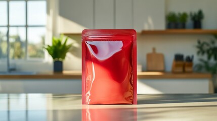 Aufkleber - A vibrant red package sits prominently on a kitchen countertop, illuminated by sunlight filtering through a nearby window.
