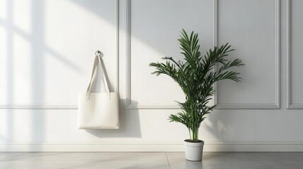 Leinwandbilder - A modern indoor corner showcases a potted plant beside a white bag hanging on a wall. Sunlight streams through the window, highlighting the clean lines and inviting ambiance of the space.