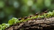 © claudunia - Ants marching along a branch in lush greenery.