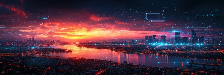 Fototapete - Cityscape with Digital Network Overlay at Sunset