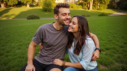 Couple smiling together in a green park