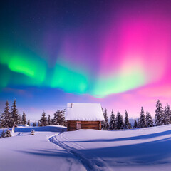 fairy winter landscape with path in the snow and wooden cabin under northern lights in night sky. ch
