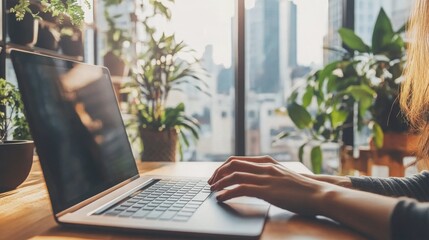 Aufkleber - The individual is engaged in work on a laptop with sunlight streaming through large windows, illuminating the indoor plants nearby. A vibrant city skyline is visible outside.
