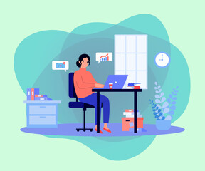 Wall Mural - businesswoman working on laptop in office vector illustration. cartoon drawing of happy busy woman a