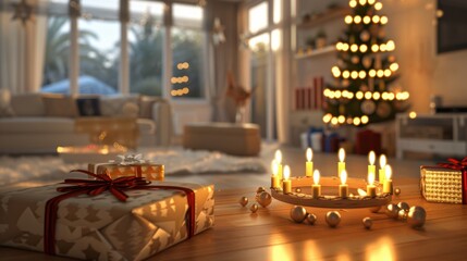 Wall Mural - Warm Holiday Glow: Menorah and Christmas Decor in a Festive Living Room Scene for Seasonal Design