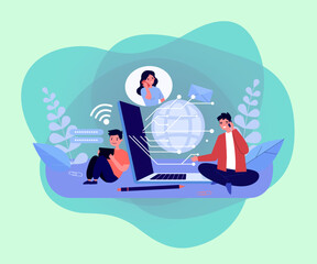 Wall Mural - family using devices for communication vector illustration. huge laptop with circuit, father calling