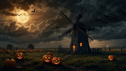 Sticker - Haunted windmill on a stormy Halloween night with bats and pumpkins.