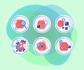Wall Mural - icons of ai brains with memory chips vector illustrations set. cartoon drawings of brains with magni