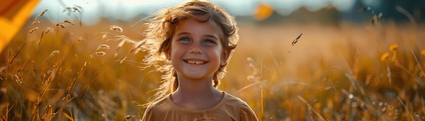 Child with a joyful expression, flying a kite in a grassy field