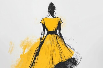 This sketch showcases a stylish yellow dress with a fitted bodice and an elegant silhouette. The minimalist design highlights the beauty of flowing fabric and timeless fashion.