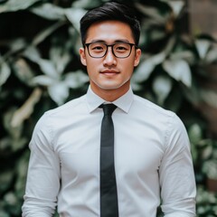 A young man in formal attire stands confidently against a green backdrop.