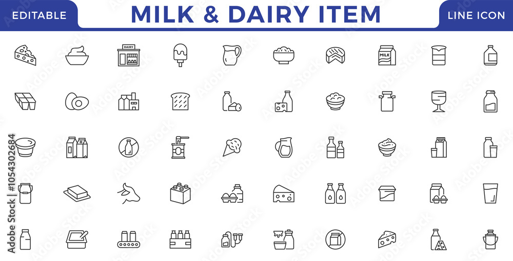 Dairy and milk products editable stroke outline icons. Modern thin line ...