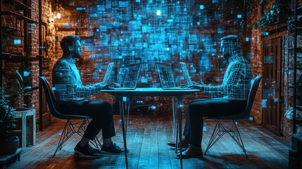 Two professionals engage in a digital discussion, surrounded by floating data and holographic visuals, in a modern workspace.