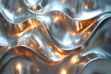 A shimmering, wavy metallic surface reflecting light, creating an artistic interplay of shapes and texture.