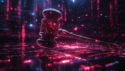 Poster - Glowing Wireframe Gavel on Digital Cityscape