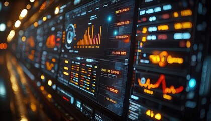 Fototapete - Futuristic Data Visualization with Bright Lights and Digital Displays