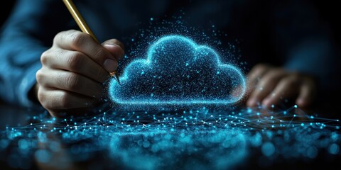 Poster - Hand Drawing a Blue Cloud Shaped Digital Network