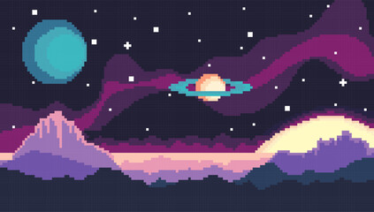 Wall Mural - Cartoon Color Pixelated 8 Bit Cosmic Area. Vector illustration of Pixel Art Game Location Concept Flat Design Style