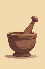 Antique mortar and pestle illustration featuring rustic design with sparkling details