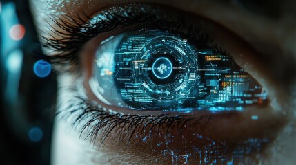 A Close-up of a Human Eye with a Digital Interface Superimposed on the Iris