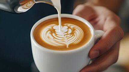 A close-up of a skilled barista pouring milk into a cappuccino to create an intricate latte art design in a white cup.