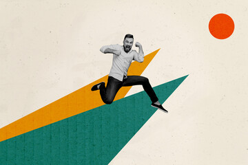 Wall Mural - creative collage poster young man leadership achieve goal aim target success victory celebrate motiv