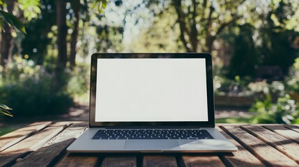 Aufkleber - A laptop sits on a wooden table set among vibrant greenery in a tranquil garden. The bright screen is blank, inviting creativity and focus in a peaceful atmosphere.