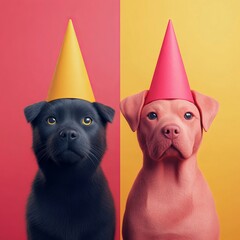 Two dogs wearing party hats against colorful backgrounds.