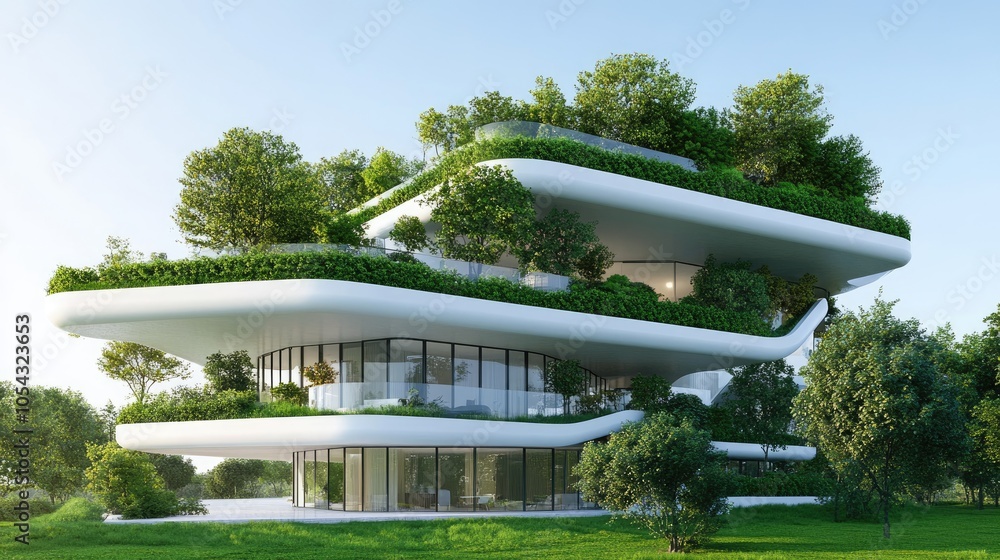 A modern architectural design featuring green roofs and lush greenery ...